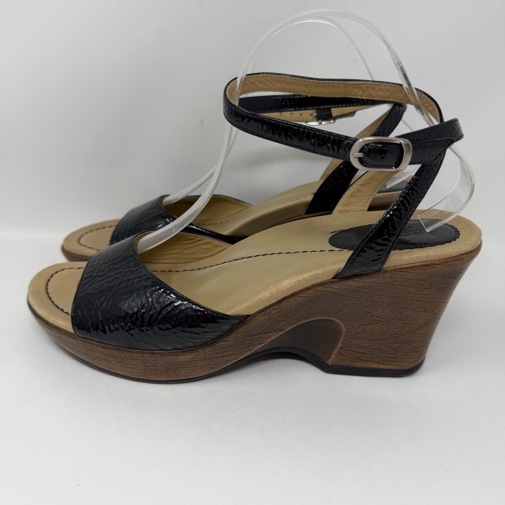 Dansko Patent Leather Ankle Strap Wedge Sandal Black Size 40, US 9.5-10